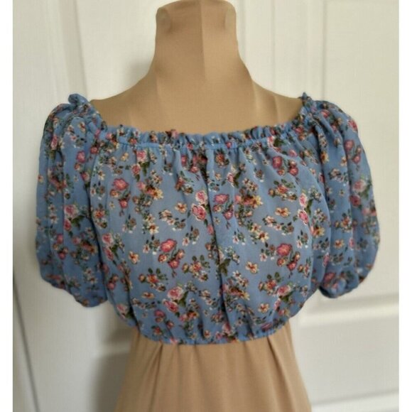 AVA + ESME Tops - AVA + ESME  Short Puff Sleeve Blue/Pink Floral Chiffon On/Off Shoulder Crop Top
